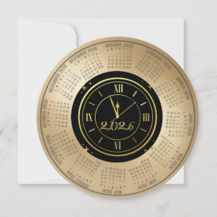 2026 Kalender Svart och Guld Nyårs Klocka Julkort