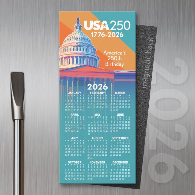 2026 Kalender USA 250 Kapitaldomen Amerika (2026 Calendar of a Magnet)