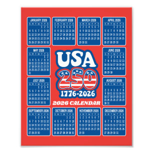2026 Kalender - USA 250 Röd Vit Blå Fototryck