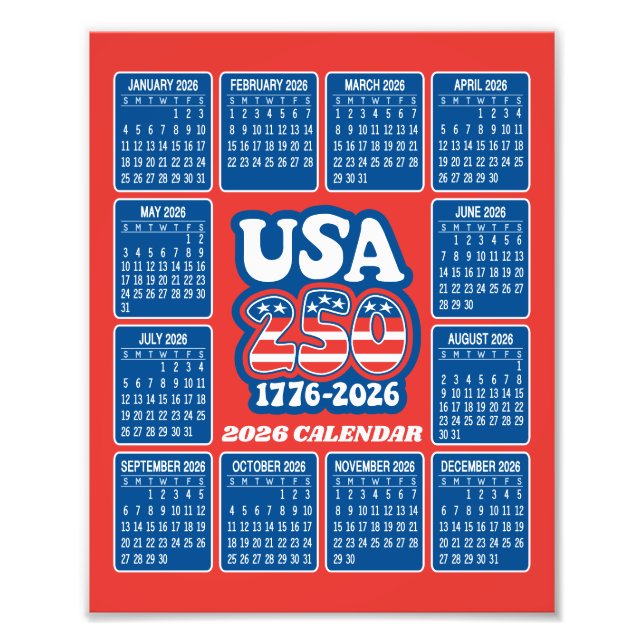 2026 Kalender - USA 250 Röd Vit Blå Fototryck (Framsidan)