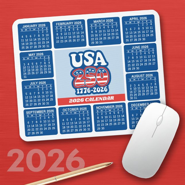 2026 Kalender - USA 250 Röd Vit Blå Musmatta (2026 Calendar on a Mousepad)