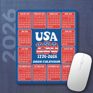 2026 Kalender - USA 250 Röd Vit Blå Musmatta
