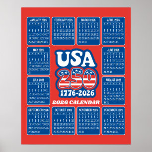 2026 Kalender - USA 250 Röd Vit Blå Poster