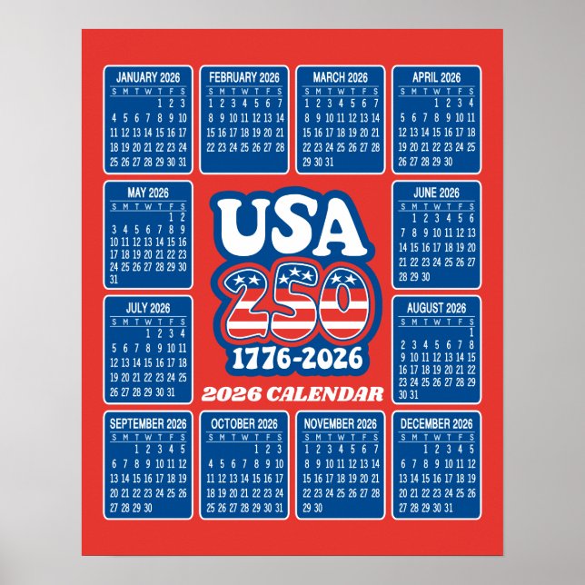 2026 Kalender - USA 250 Röd Vit Blå Poster (Framsidan)
