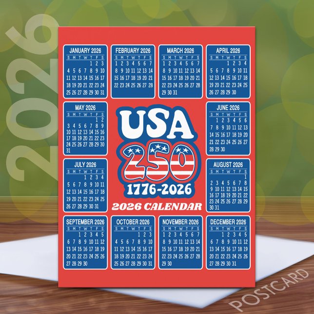 2026 Kalender - USA 250 Röd Vit Blå Vykort (2026 Calendar on a Postcard)