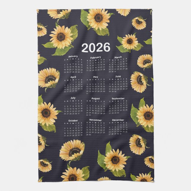 2026 Kalender Watercolor Sunblommor Mönster Kökshandduk (Vertikal)