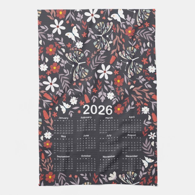 2026 Kalender Whimsical Blommigt and Butterfly Kökshandduk (Vertikal)