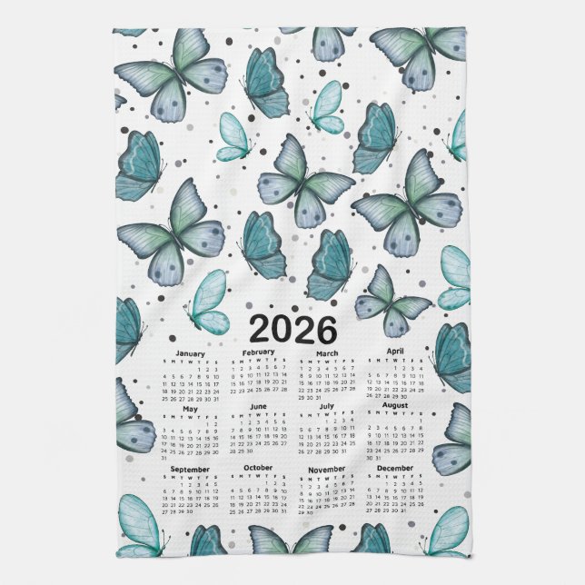 2026 Kalenderblåa Grönten Butterflies Mönster Kökshandduk (Vertikal)