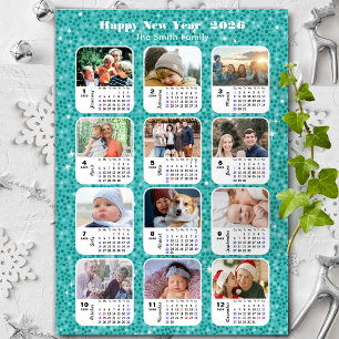 2026 Kalenderfamilj 12 Photo Collage Festive Blue Julkort