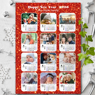 2026 Kalenderfamilj 12 Photo Collage Festive Red Julkort