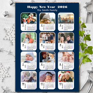 2026 Kalenderfamilj 12 Photo Collage Modern Blue Julkort