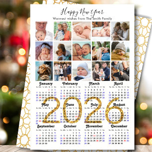 2026 Kalenderfamilj 15 Photo Collage Guld Glitter Julkort