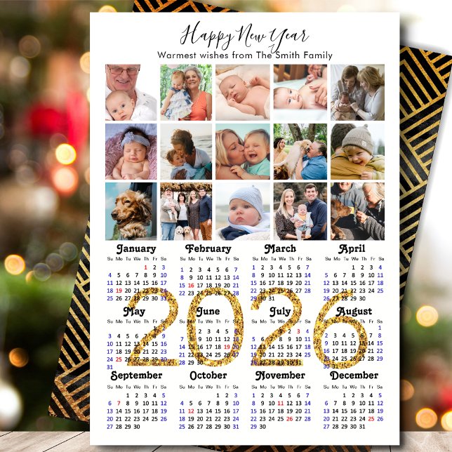 2026 Kalenderfamilj 15 Photo Collage Guld Glitter Julkort (Skapare uppladdad)