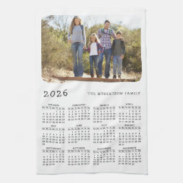 2026 Kalenderfamiljen Namn Photo Simple White Blac Kökshandduk