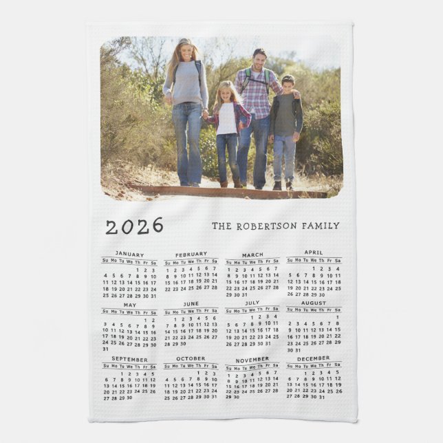 2026 Kalenderfamiljen Namn Photo Simple White Blac Kökshandduk (Vertikal)