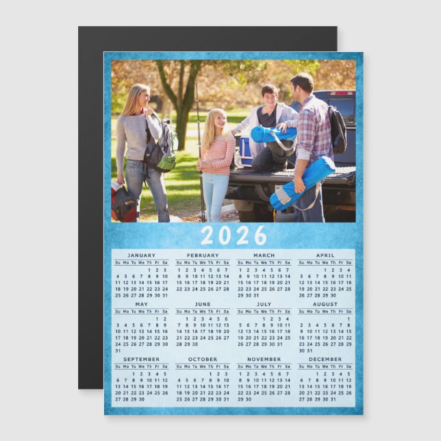 2026 Kalenderfamiljens foto - blå fridge Magnet (Fram/baksida)