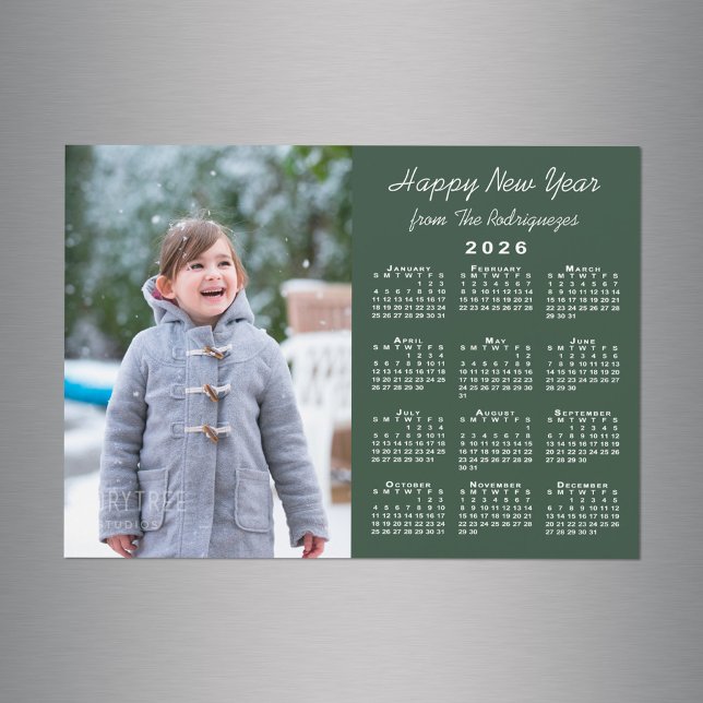 2026 Kalenderfoto Gott nytt år Grönt Magnet (2026 Calendar Photo Happy New Year Green Magnet in situ)
