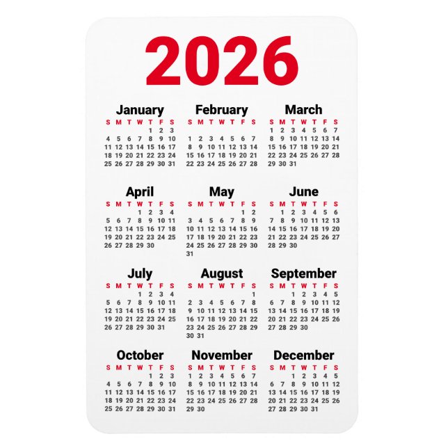 2026 Kalendermagnet | Röd Svart Grå Vit Magnet (Vertikal)