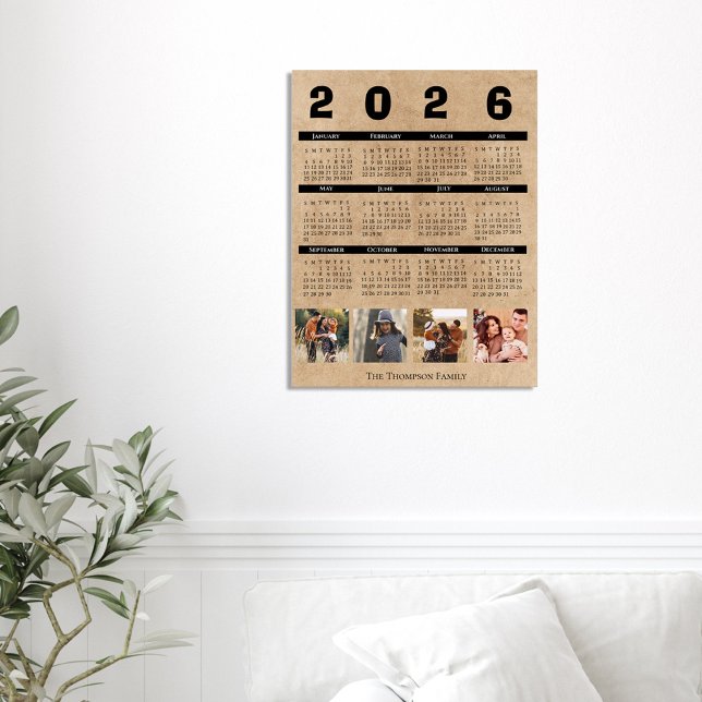 2026 Kalendern Familjefoto Kollage Rustik Kraft Poster (2026 Calendar Family Photo Collage Rustic Kraft Poster)