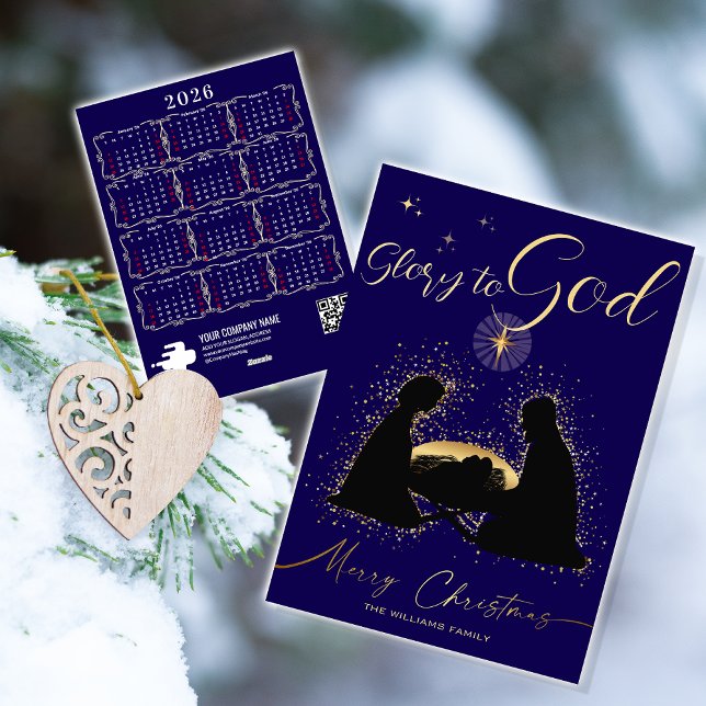 2026 Kalendern Julkrubba Ära åt Gud Skrift Julkort (2026 Calendar Nativity Manger Glory To God Script Holiday Card Keepsake Gift For Family and Friends)