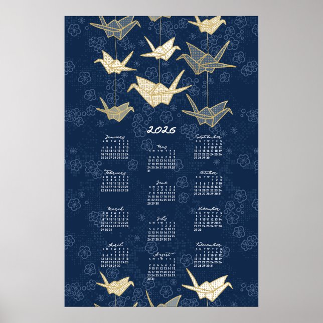 2026 Kalendern Poster Origami Cranes Blue och Guld (Framsidan)