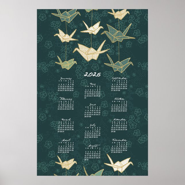 2026 Kalendern Poster origami Cranes Grönt och Gul (Framsidan)