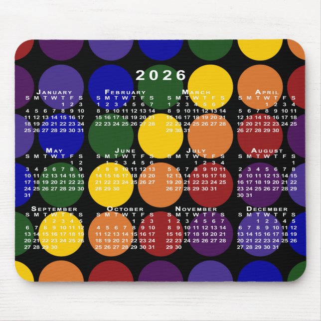2026 Kalendern Pride Regnbåge Prickar på Svart Musmatta (Framsidan)