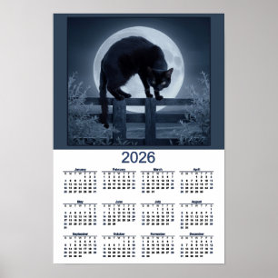 2026 Kalendern Svart Katt på ett Staket med Fullmå Poster