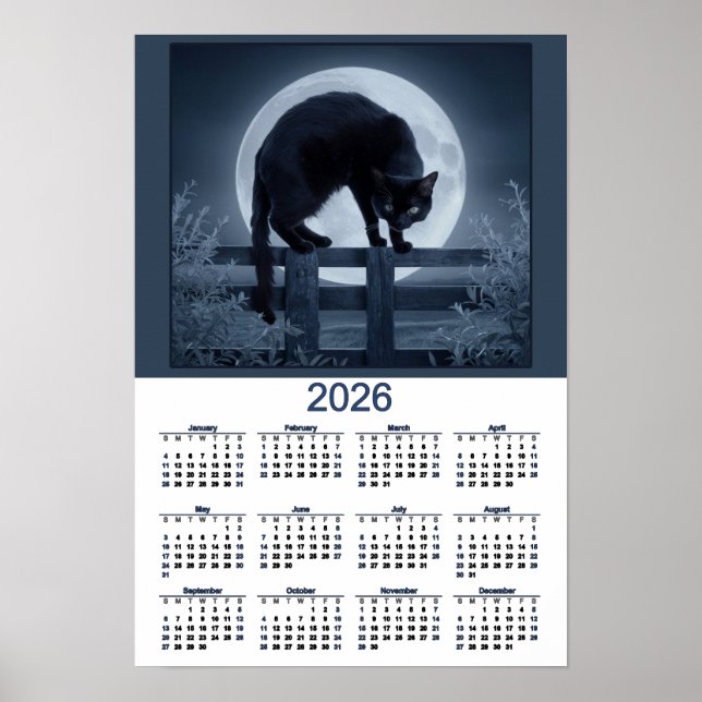 2026 Kalendern Svart Katt på ett Staket med Fullmå Poster (Framsidan)