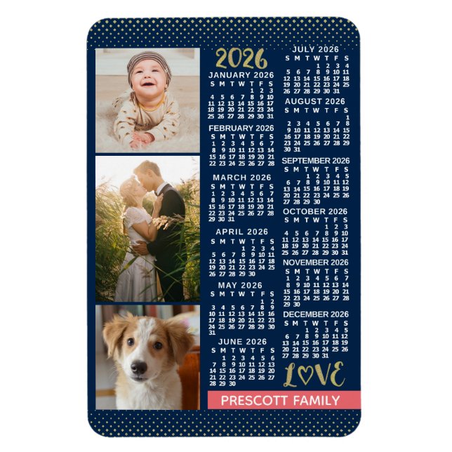 2026 Kalendernavy Coral Guld Familjefoto Collage Magnet (Vertikal)