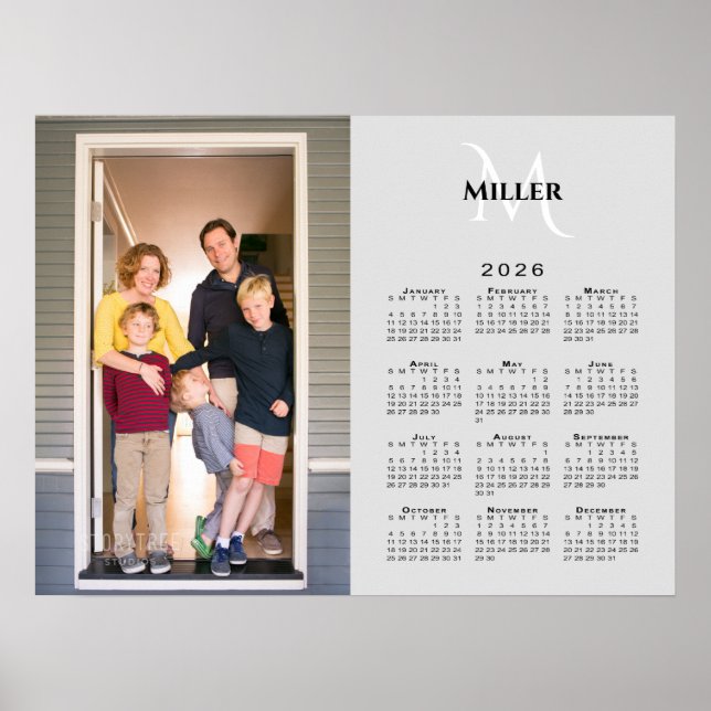 2026 Kalenderns Anpassningsbar Foto Monogram Namn  Poster (Framsidan)