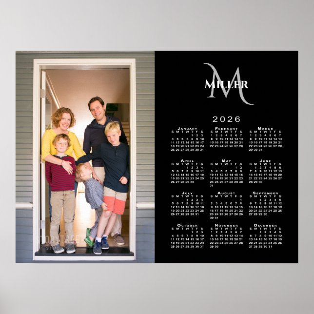 2026 Kalenderns Anpassningsbar Photo Monogram Namn Poster (Framsidan)