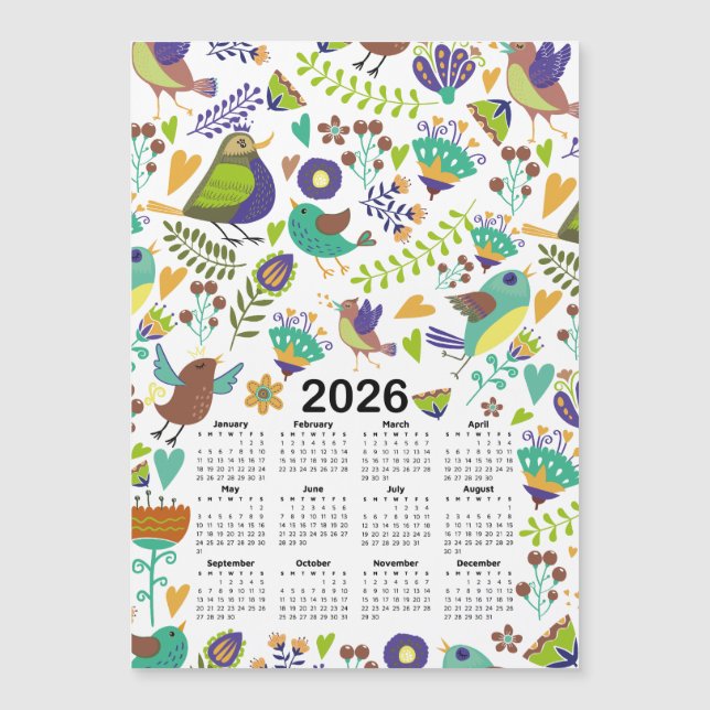 2026 Kalenderns Grönt och blåa fåglar och blommor (Framsida)