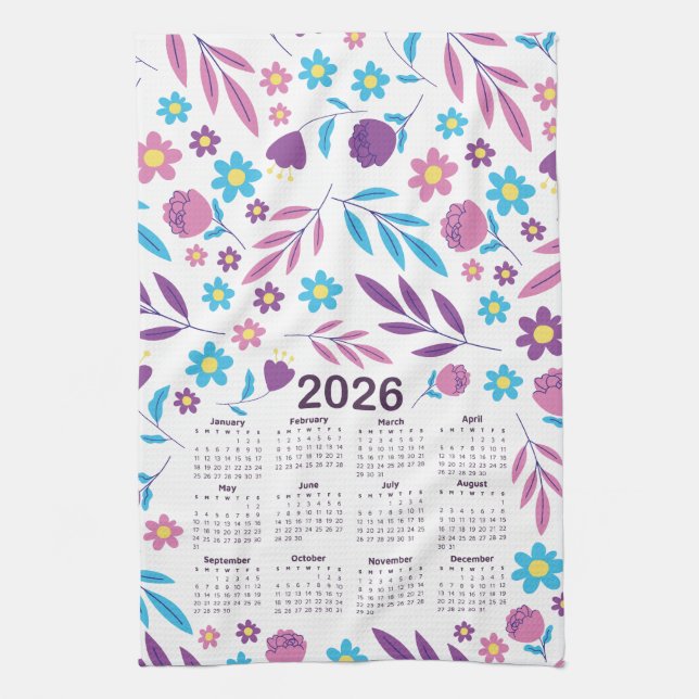 2026 Kalenderns Lila och blått Blommönster Kökshandduk (Vertikal)