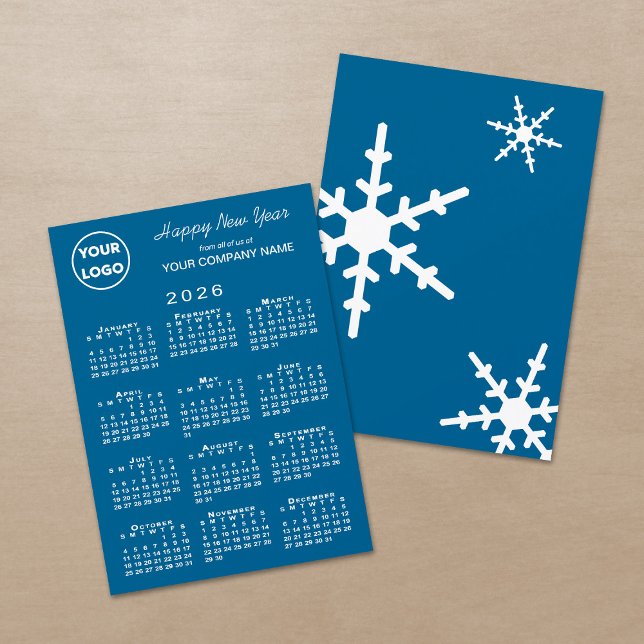 2026 Kalenderns Logotyp - blått snöflingor Julkort (2026 Calendar Business Logo Blue Snowflake Holiday Card, front/back)