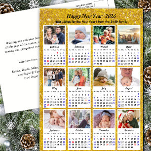 2026 Kalenderns moderna familj 12 foto Guld Glitte Helg Vykort