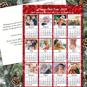 2026 Kalenderns moderna familj 12 Photo Red Glitte Helg Vykort
