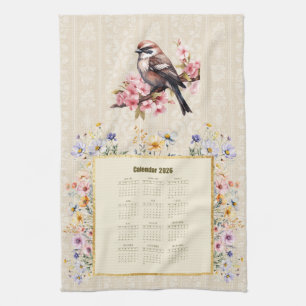 2026 Kalendertorkduk Sparrow med vilda blommor Kökshandduk