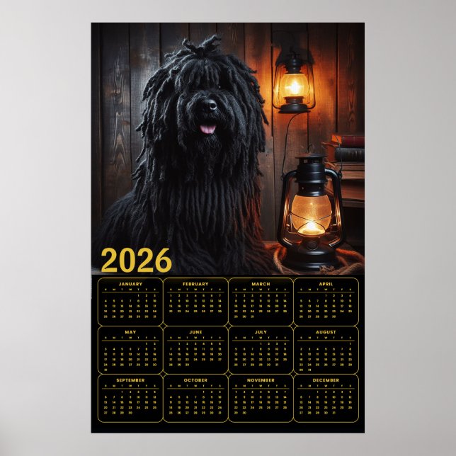 2026 Komondor with Lanterns and Books Calendar Poster (Framsidan)