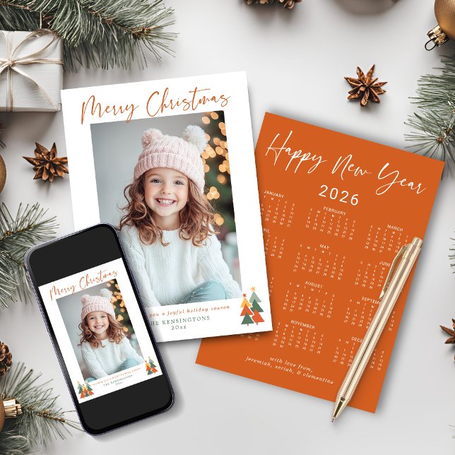 2026 Kute Burnt Orange Julfoto - kalender Julkort (2026 Cute Burnt Orange Christmas Photo Calendar Holiday Cards with Downloadable Option)