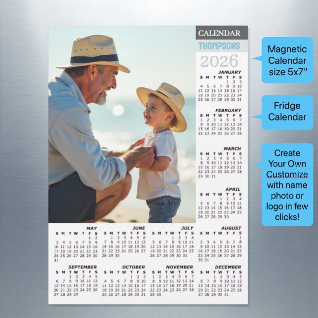 2026 Kylskåp Foto Kalender / Familj (Family Fridge Photo Calendar 2026 / Magnetic 5x7")