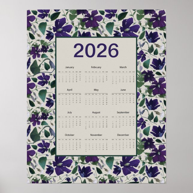 2026 Lila Klematis Blommor Väggkalender Poster (Framsidan)