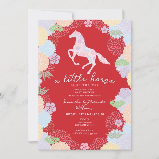 2026 Little Horse Floral Red Garden Baby Shower Inbjudningar (Framsida)