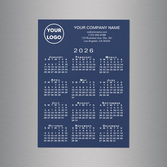 2026-Logotyp för affärstext - marinkort (2026 Calendar Business Logo Text Navy Magnet Card, in situ)