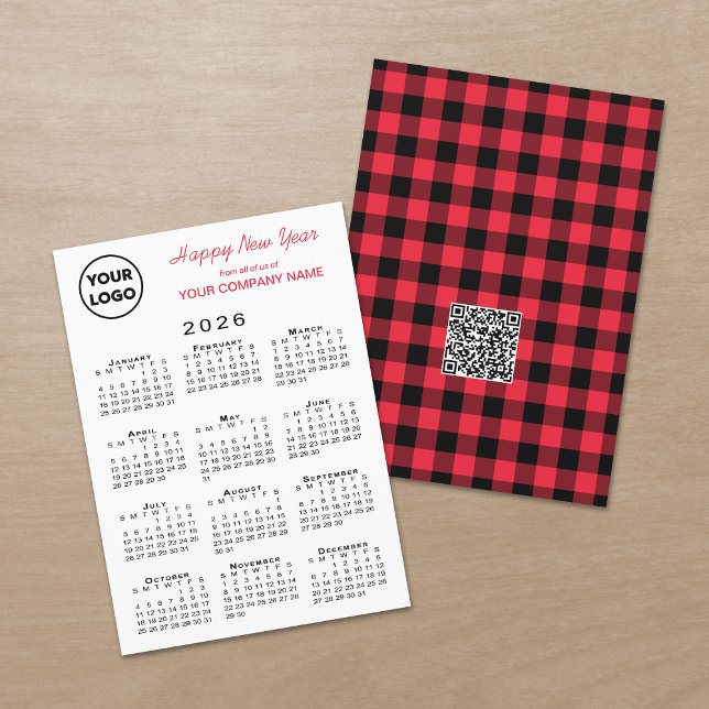 2026 - Logotyp QR Code Red Black Gingham - Kontrol Julkort (2026 Calendar Logo QR Code Red Black Gingham Check Holiday Card, front/back)