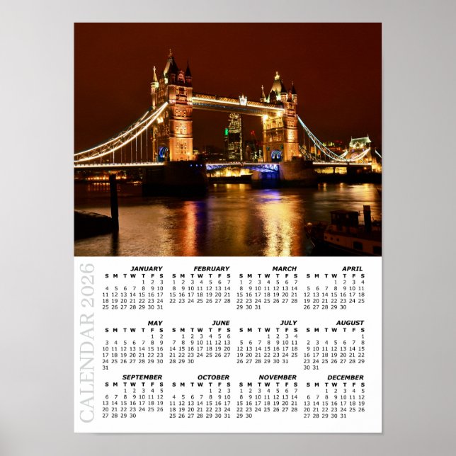 2026 London Kalender, Tower Bridge nattetid / Stor Poster (Framsidan)