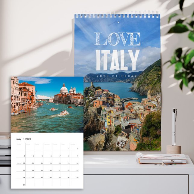 2026 Love Italy Calendar Kalender (Italy 2026 wall calendar cover showing sunlit Italian villages, coastal views, and landscapes)