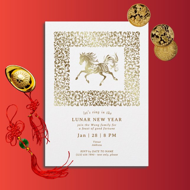 2026 Lunar New Year Of The Horse White Gold Party Inbjudningar (2026 Lunar Chinese New Year Of The Horse White Gold Party Invitation)