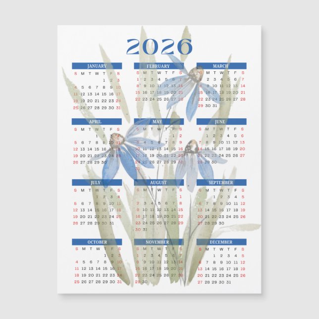 2026 Magnetisk kalender - Blå Daisy - vattenfärg (Framsida)