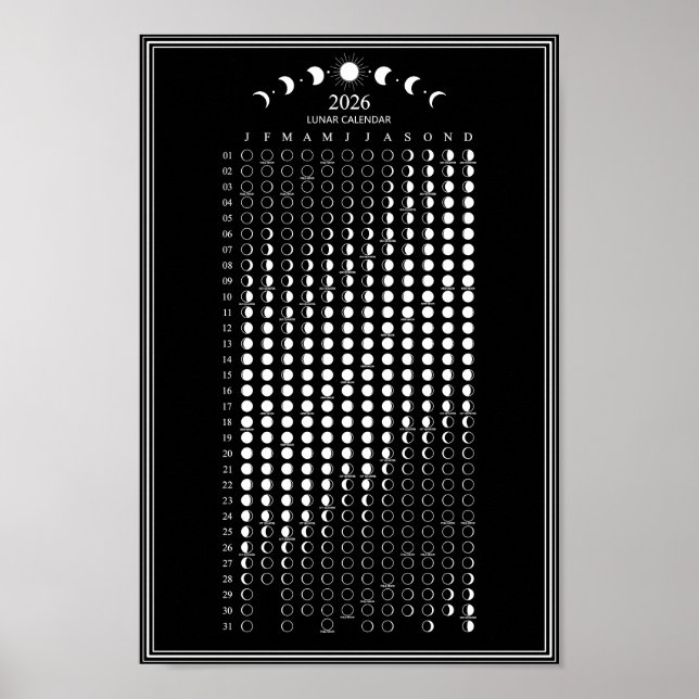 2026 Måne Phase Lunar Cycles Calendar Minimalist Poster (Framsidan)